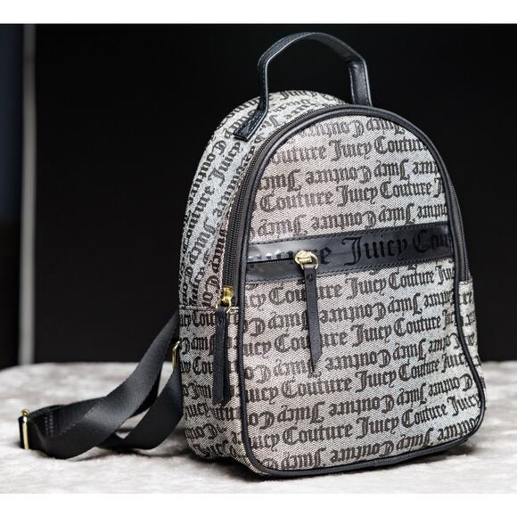Juicy Couture Black Gray Logo Goth Our Zip Says it All Backpack Gold Hardware - Picture 1 of 15